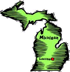 Michigan woodcut map showing location of Lansing